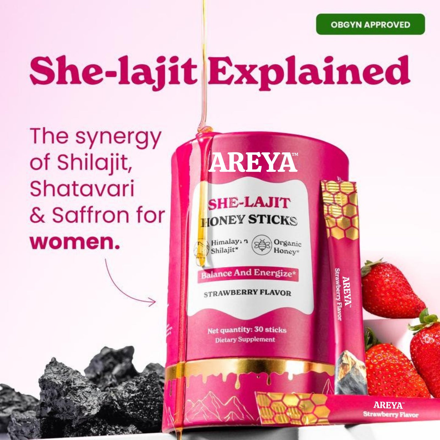 AREYA™ SHE-Lajit Honey Sticks – Strawberry Flavor
